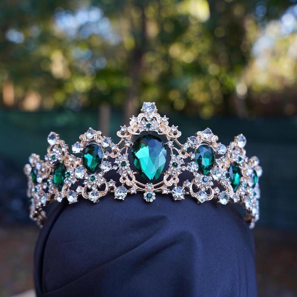 Gold Emerald Green Crystal Tiara Bridal Crown Birthday Wedding Gift Diadem